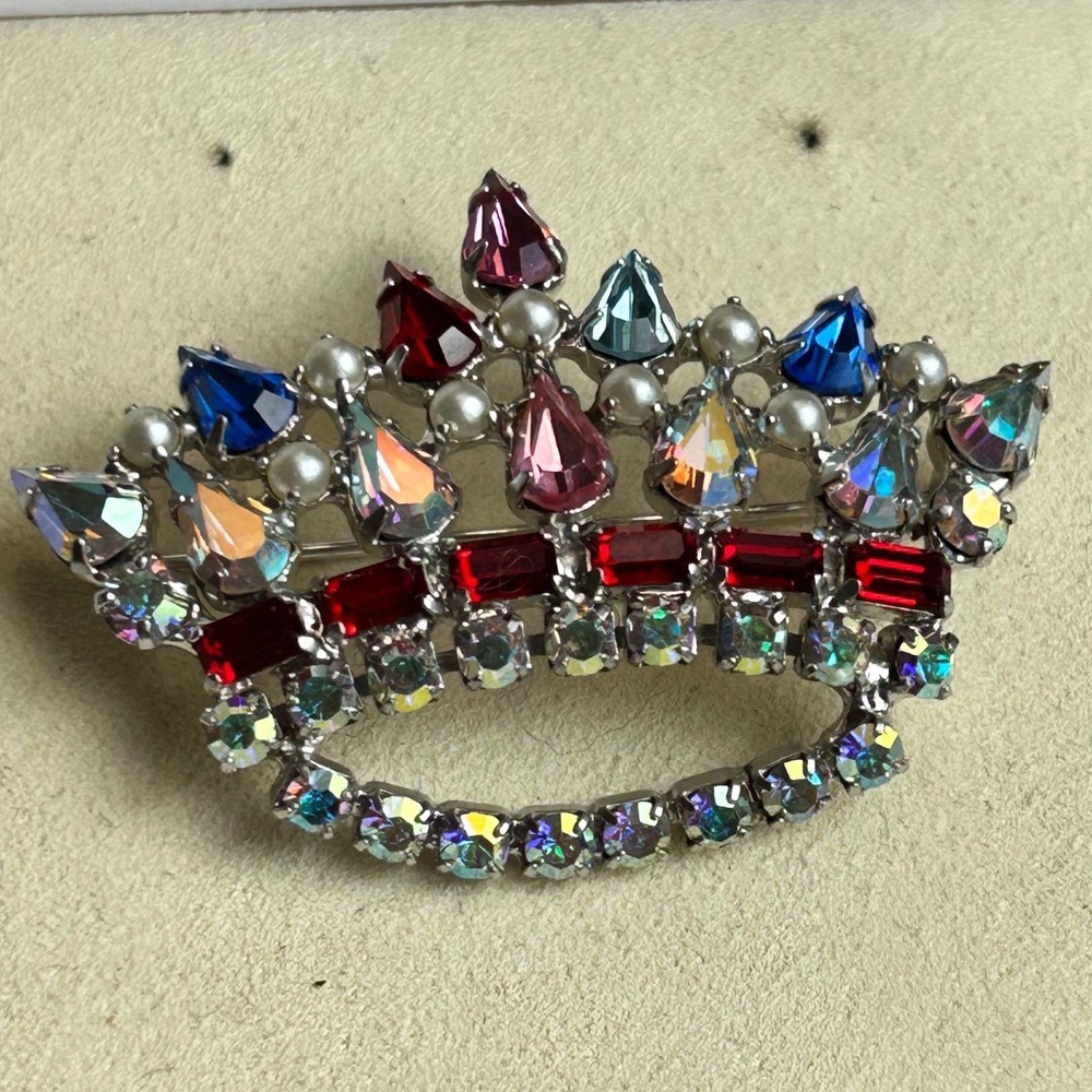 B. David Crown Brooch Multi Color Rhinestone Aurora Borealis Vintage Silver Tone